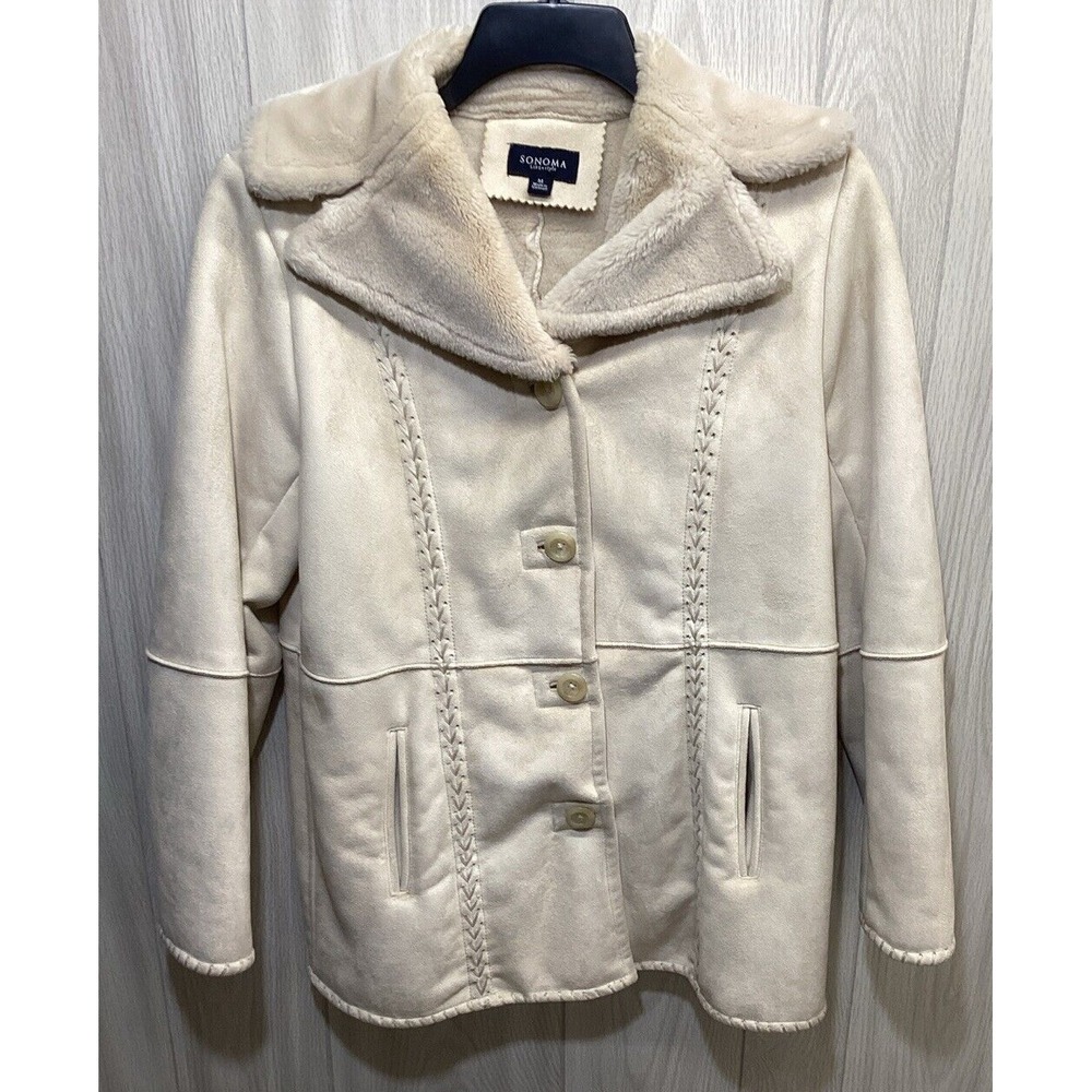 SONOMA Women's (Size M) Faux Suede & Fur‎ Long Sleeve Button Down Coat